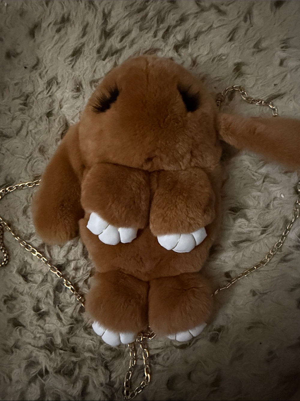 Brown Plush Bunny Crossbody Bag with Gold Chain